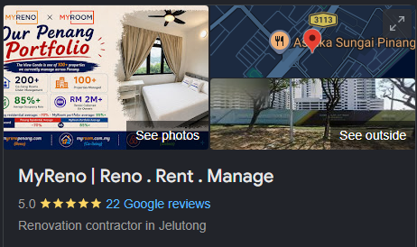 MyReno Penang Google Business Profile listing — 5.0 stars from verified Google reviews, Renovation contractor in Jelutong