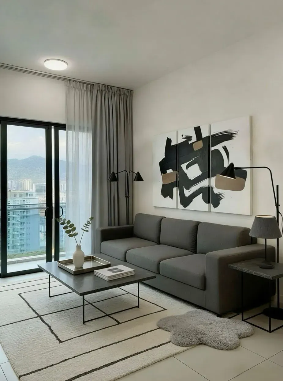 Modern Monochrome Living rental interior design theme by MyReno Penang — applied in George Town and Gelugor