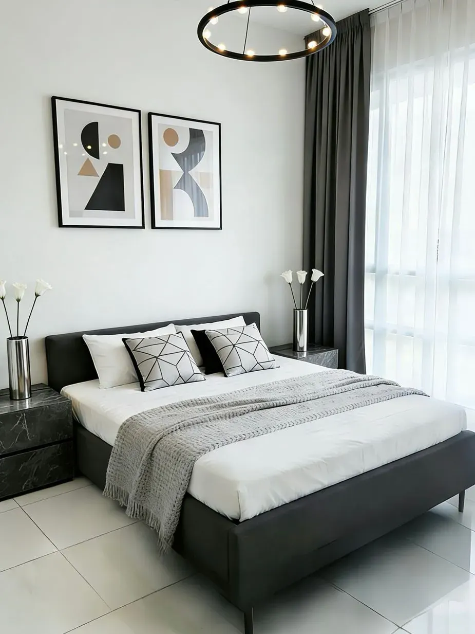 Modern Monochrome Living Master Bedroom — MyReno Penang rental theme