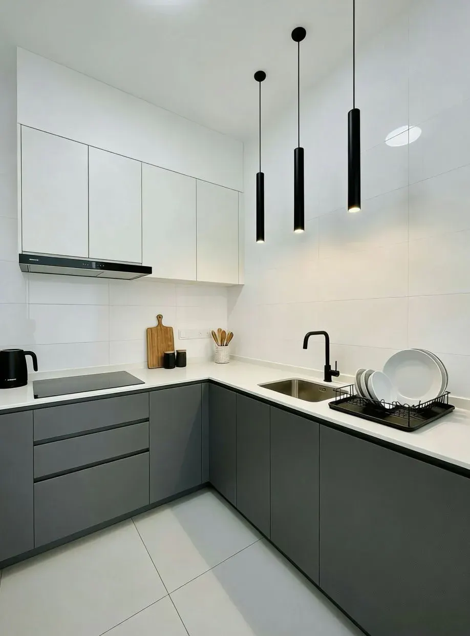 Modern Monochrome Living Kitchen — MyReno Penang rental theme