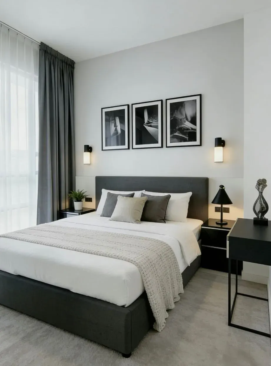 Modern Monochrome Living Guest Bedroom — MyReno Penang rental theme