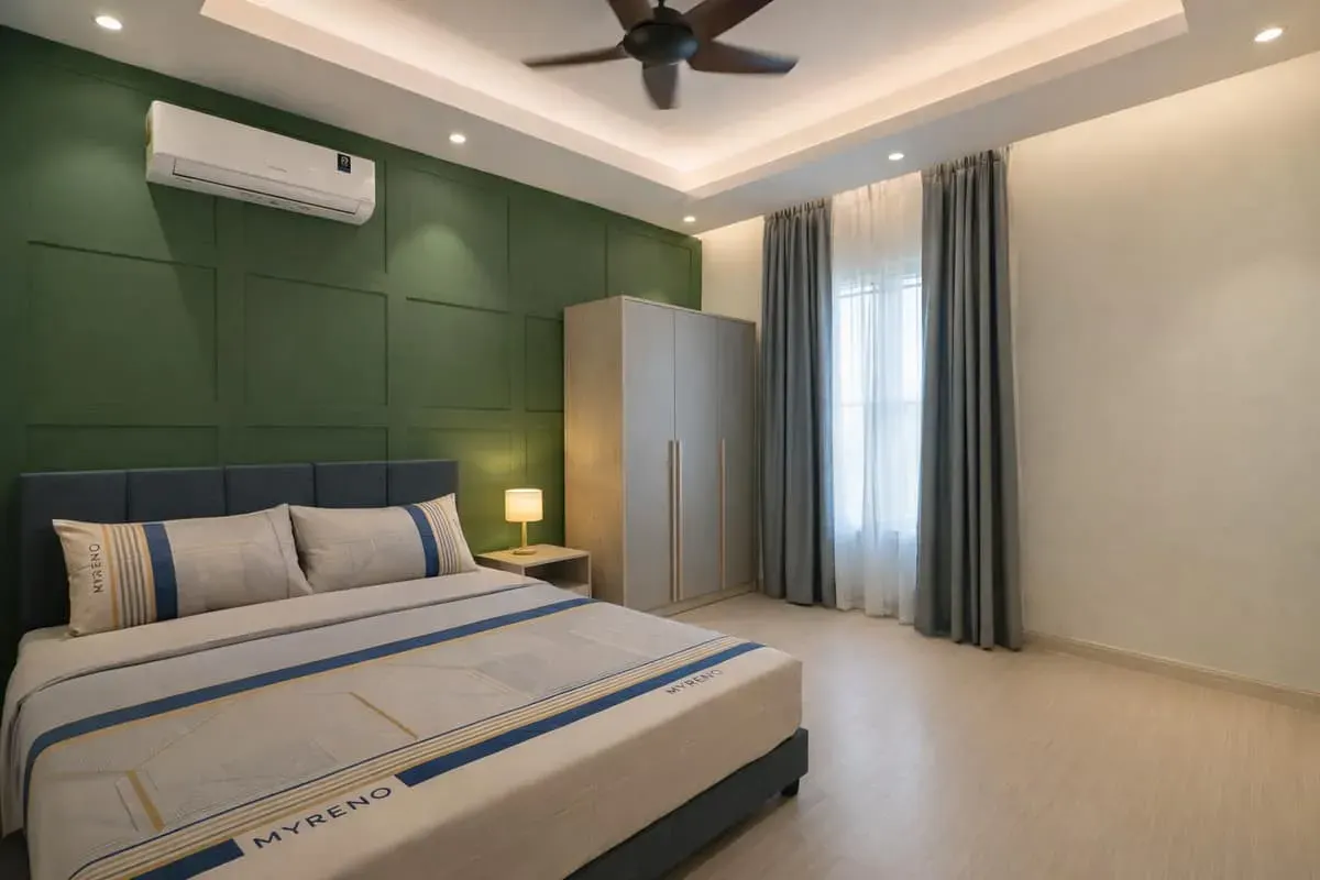 Modern Calm · Green Accent Master Bedroom — MyReno Penang rental theme