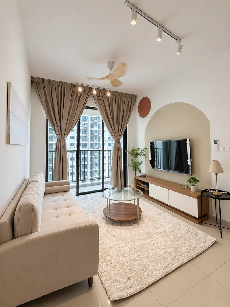 Furnished living room with sofa, curtains and TV console.